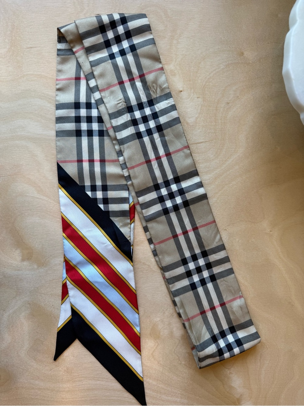 Burberry Striped Silk Twilly in Beige, Black, Red, Yellow